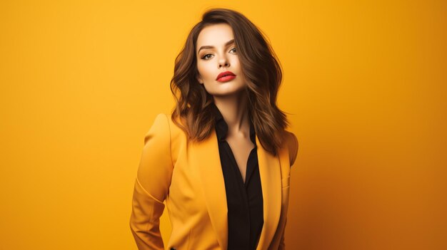 Brunette woman standing over yellow background