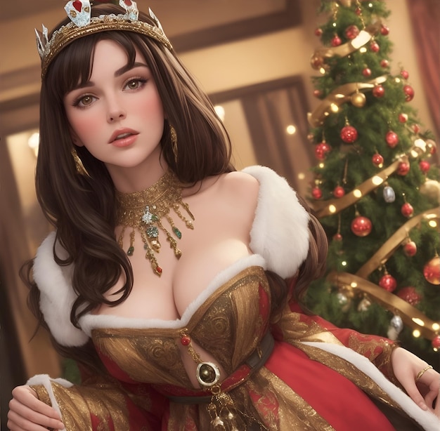 A brunette woman wearing a golden crown and necklace with a christmas tree behind