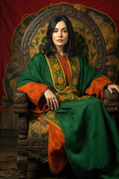 Brunette woman wearing a traditional green and orange dress generated by AI