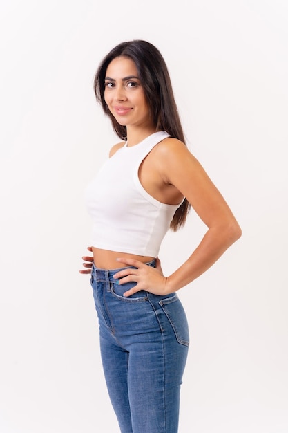 Brunette woman on a white background casting studio shot portrait of attractive young woman