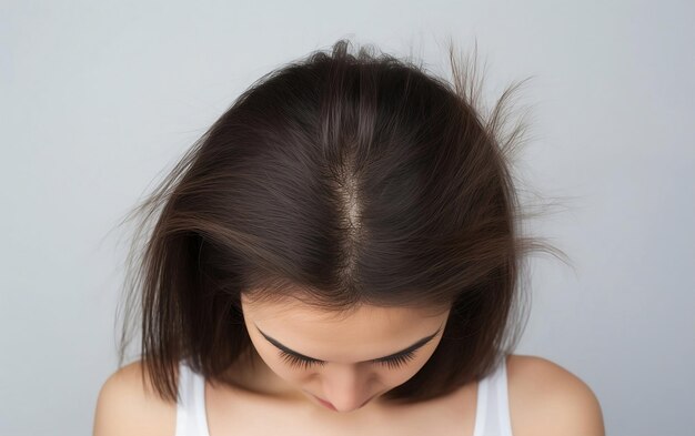 Brunette woman with alopecia hair loss is showing her sparse hair on white background top view