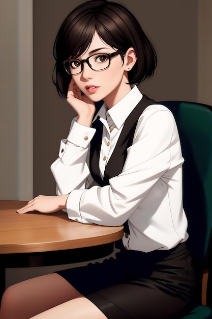 brunette woman with black eyes short hair and glasses sitting in a chair in front of the table