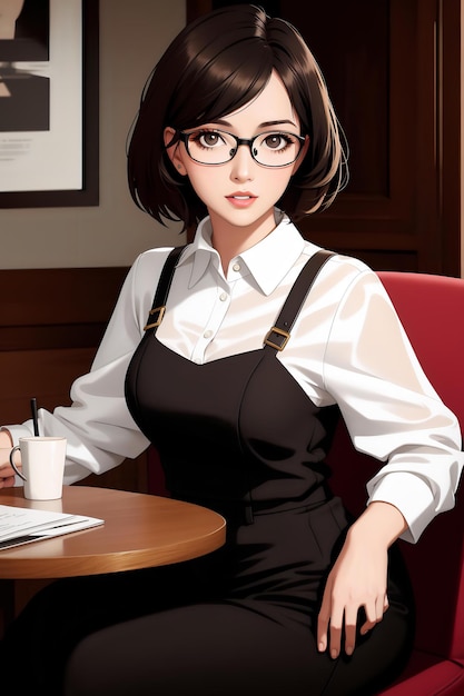 brunette woman with black eyes short hair and glasses