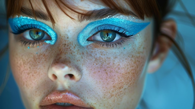 A brunette woman with blue and white cat eye makeup