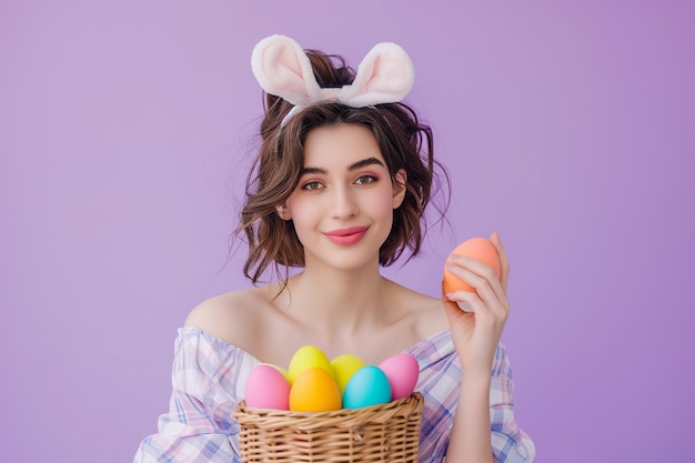 Brunette woman with bunny ears headband and basket of colored eggs against purple background