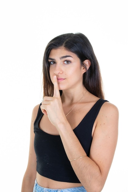 Brunette woman with Finger On Lips In Shh sign silence