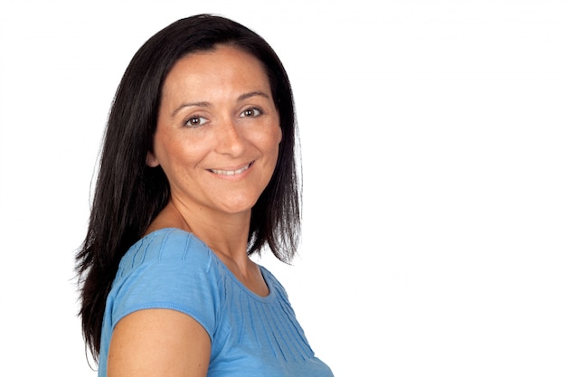 Brunette woman with long hair isolated on a over white background