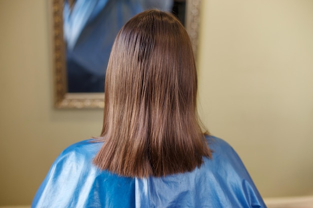 Brunette woman with shiny brown straight hair back view in salon