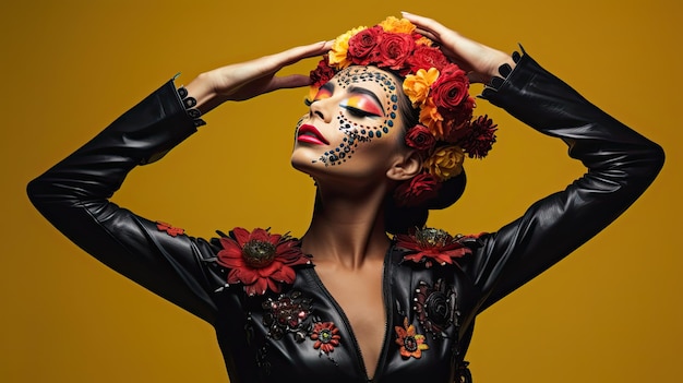 Brunette woman with Sugar Skull Face Paint wearing a leather jacket on a colored background Generative AI