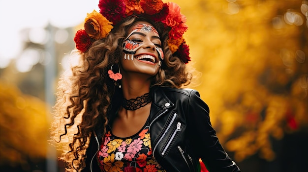 Brunette woman with Sugar Skull Face Paint wearing a leather jacket on a colored background Generative AI