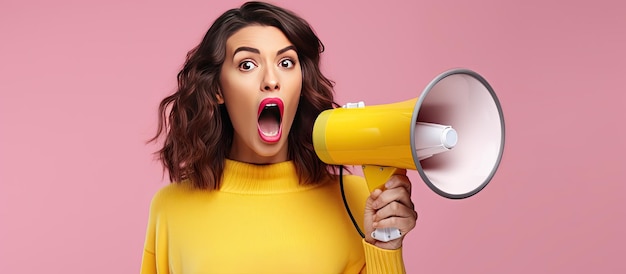 A brunette woman in a yellow sweater poses on a pastel pink wall background conveying sincere emotions and a lively lifestyle concept The image include