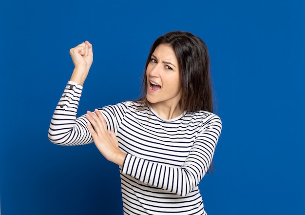 Brunette young woman wearing a striped T-shirt