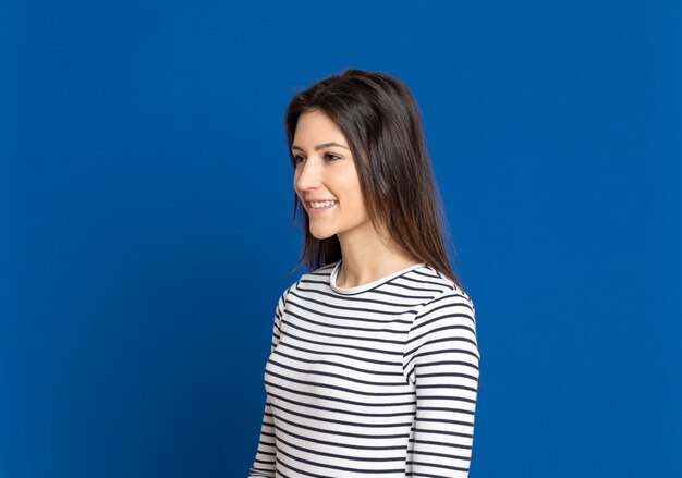 Brunette young woman wearing a striped T-shirt