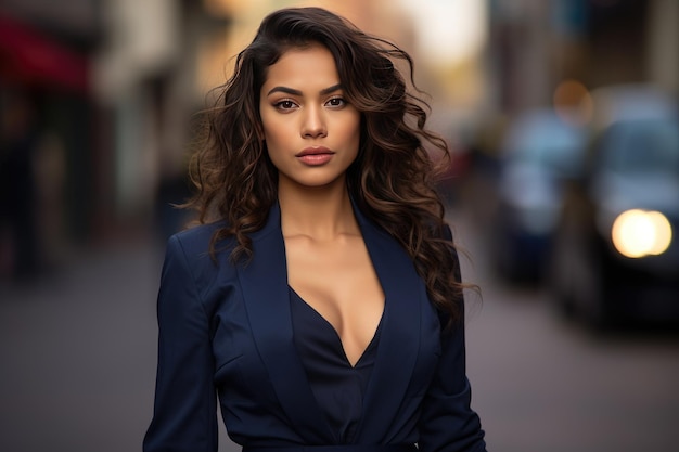 Brunette zakenvrouw in een avondkleding op de stadsstraat