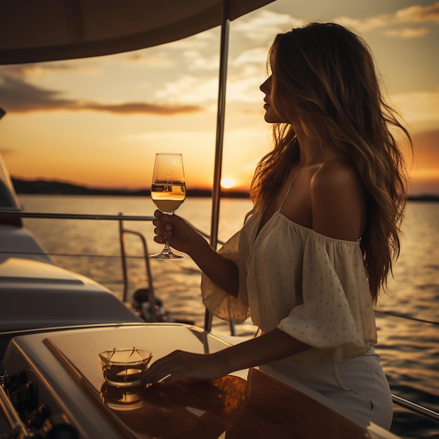 Photo brunnette girl drinking a glass of wine sunset in a yatch on water