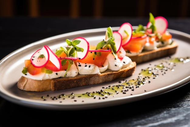 Bruschetta met dun gesneden radijs en zwarte peper