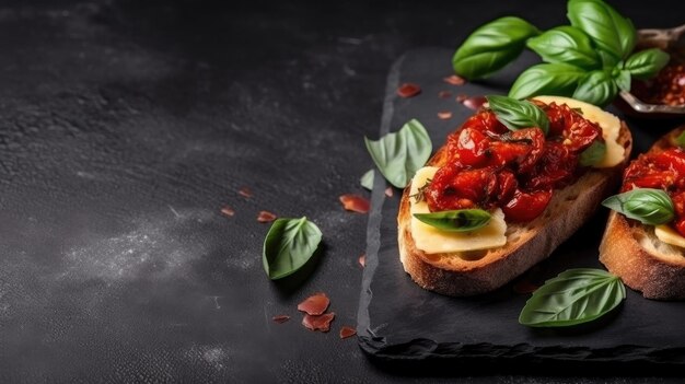 Bruschetta met halfgedroogde tomaten en basilicum Illustratie AI Generatief