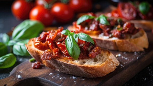 Bruschetta met halfgedroogde tomaten en basilicum Illustratie AI Generatief