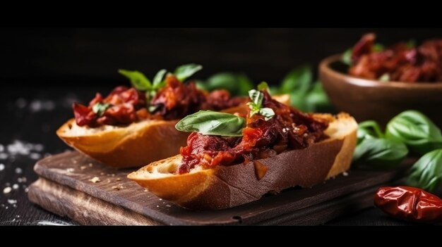 Bruschetta met halfgedroogde tomaten en basilicum Illustratie AI Generatief