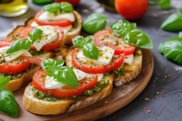 Bruschetta met mozzarella tomaten basilicum en pesto op een bord