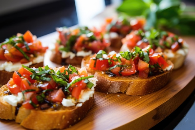 Bruschetta met ricotta hoog op een glazen schaal gestapeld