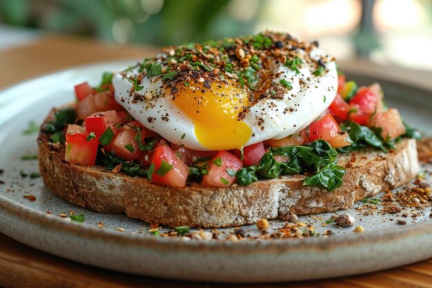 bruschetta met snijbietspinazie en gepocheerd ei staat in een bord op tafel