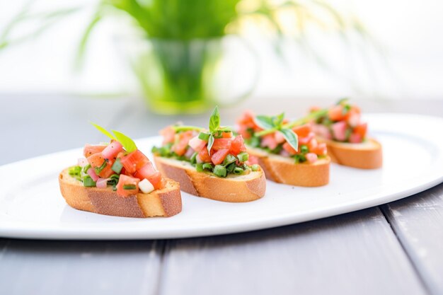 Foto bruschetta op een witte schotel met een basilicumplant op de achtergrond