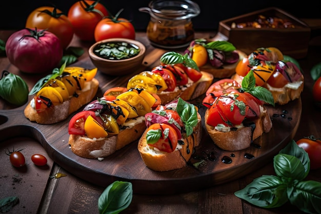 Bruschetta platter filled with heirloom tomatoes basil and balsamic drizzle