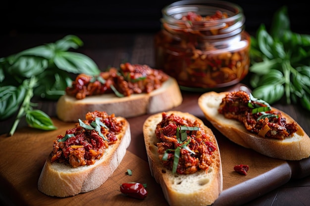 Bruschetta spread met geroosterde rode paprika zongedroogde tomaten en verse basilicum