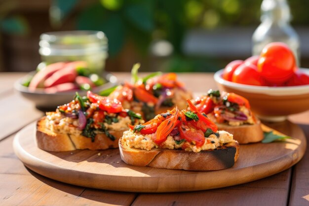 Foto bruschetta spalmata di hummus e condita con peperoni grigliati