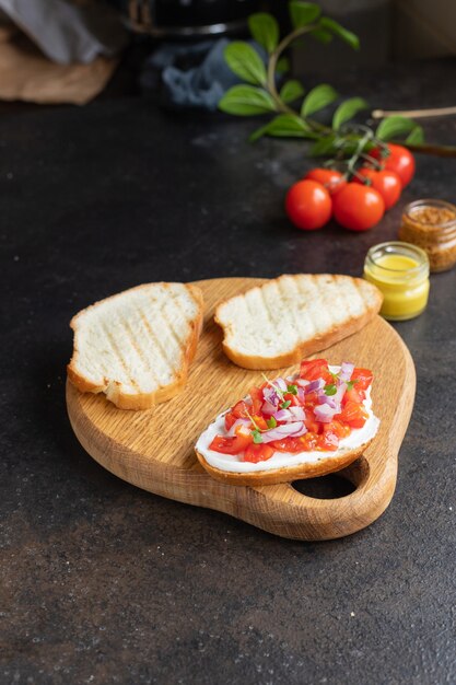 Bruschetta vegetable tomato, radish cream cheese portion cooking meal snack