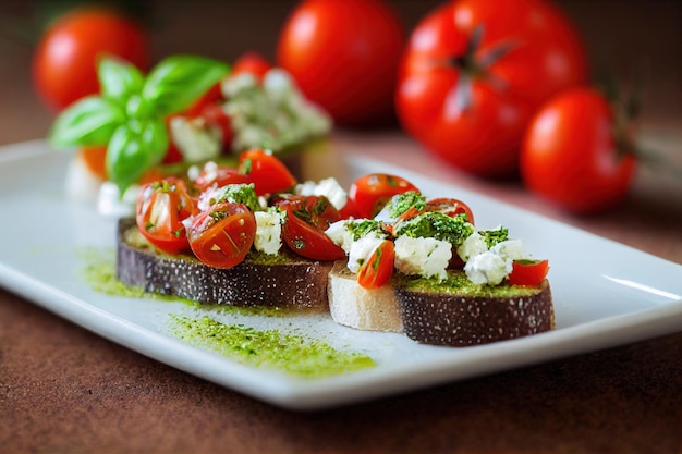 Bruschetta on white plate with tomatoes pesto egg and cheese italian food