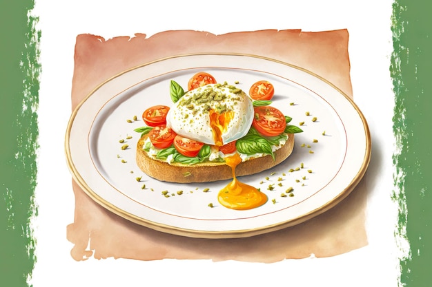 Foto bruschetta su piatto bianco con pesto di pomodori uovo e formaggio cibo italiano