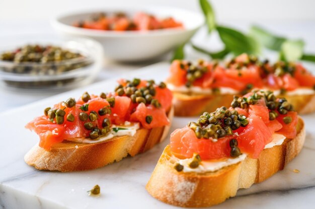 Bruschetta with capers placed on a marble countertop