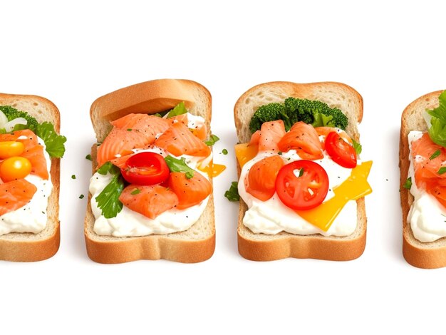 Photo bruschetta with cream cheese salmon and vegetables isolated