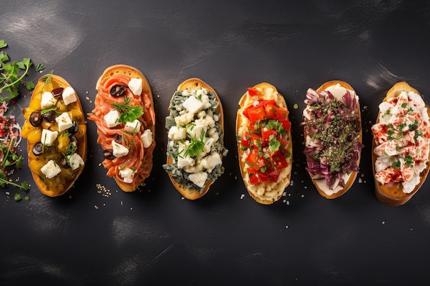 Bruschetta with different fillings on grey background with copy