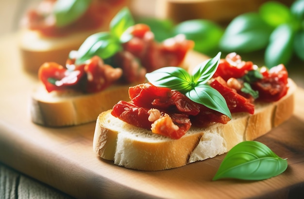 Bruschetta with dried tomatoes and basil selective focus