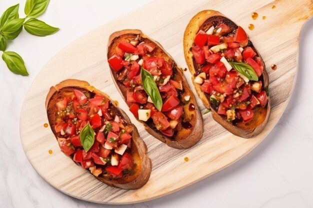 Bruschetta with garlic top view on white marble