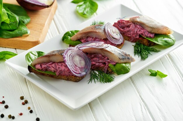 Bruschetta with herring and beet Ukrainian cuisine