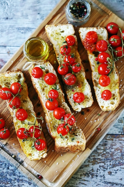 Bruschetta with olive oil and cherry tomatoes