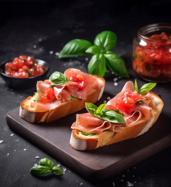 Bruschetta with prosciutto tomato and basilGenerative AI