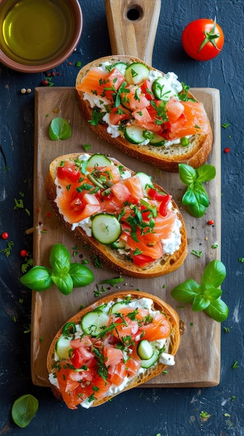 Bruschetta with salmon cream cheese cucumber and basil