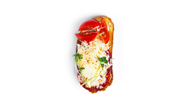 Bruschetta with sausage, vegetables and cheese on a white background. High quality photo