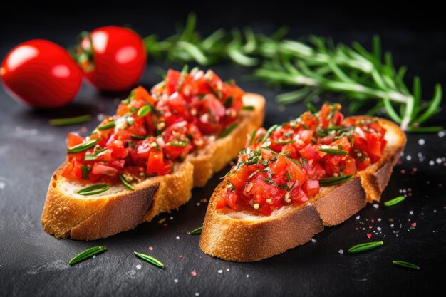 Bruschetta with scattered rosemary on a minimalistic background