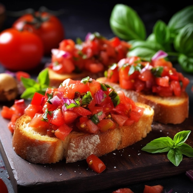 Bruschetta with tomato basil and olive oil on rustic background