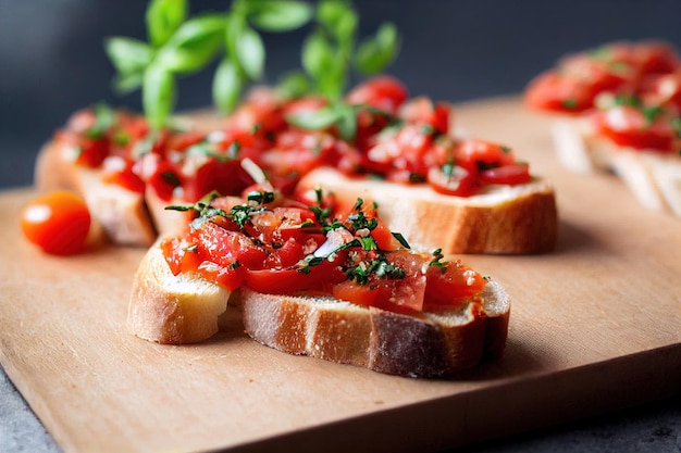 Bruschetta with tomatoes and cheese on baguette italian cuisine in restaurant