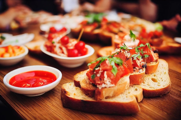 Bruschetta with tomatoes fried olive oil bread Italian cuisine in restaurant