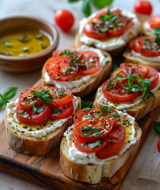 Bruschetta with tomatoes mozzarella cheese and herbs on wooden board