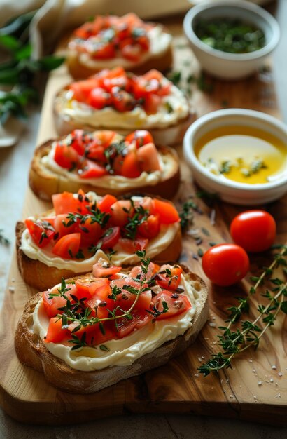 トマト,モザレラチーズ,ハーブを木製の板の上に置いたブルシェッタ