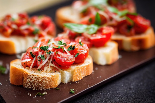 Bruschetta with tomatoes spice cheese and basil on dark background